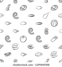 Fruits, Seafood and Table setting set. Background for printing, design, web. Usable as icons. Seamless. Monochrome binary, black and white.