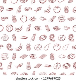 Fruits, Seafood and Table setting set. Background for printing, design, web. Usable as icons. Seamless. Binary color.