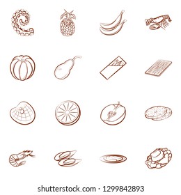 Fruits, Seafood and Table setting set. Background for printing, design, web. Usable as icons. Binary color.