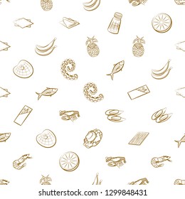 Fruits, Seafood and Table setting set. Background for printing, design, web. Usable as icons. Seamless. Binary color.