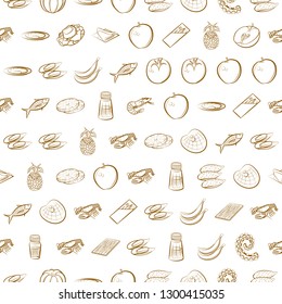 Fruits, Seafood and Table setting set. Background for printing, design, web. Usable as icons. Seamless. Binary color.