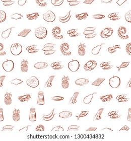 Fruits, Seafood and Table setting set. Background for printing, design, web. Usable as icons. Seamless. Binary color.
