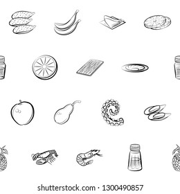 Fruits, Seafood and Table setting set. Background for printing, design, web. Usable as icons. Seamless. Monochrome binary, black and white.