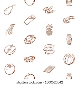 Fruits, Seafood and Table setting set. Background for printing, design, web. Usable as icons. Seamless. Binary color.