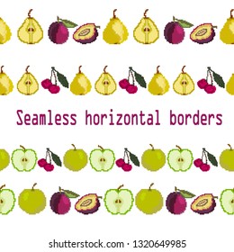 Fruits. Seamless borders strip of apple, pear, cherry, plum. Pixel. Vector. Embroidery