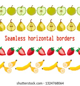 Fruits. Seamless borders stripe apple, pear, strawberry, banana. Pixel. Vector. embroidery