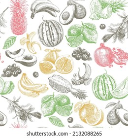 Fruits seamless colorful  engraving pattern. Sketchy vector background.