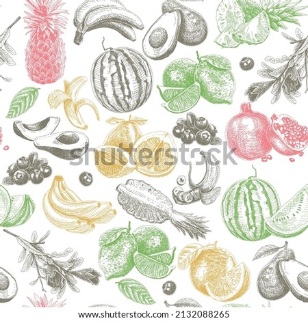 Fruits seamless colorful  engraving pattern. Sketchy vector background.