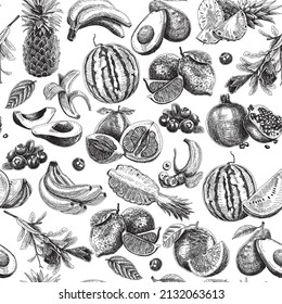 Fruits seamless engraving pattern. Sketchy vector illustrations