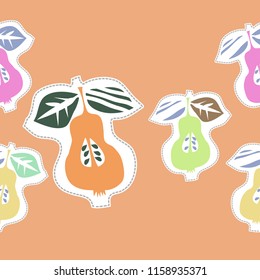 Fruits  seamless  motif, pear, half,dotted lines, labels, doodles,spots. Hand drawn.