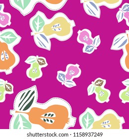 Fruits  seamless  motif, pear, half,dotted lines, labels, doodles,spots. Hand drawn.