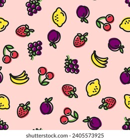 Fruits, seamless pattern of 6 vector linear icons with color shift. Flat style, limited palette. Design concept for fabrics, wrapping paper, websites and applications. Healthy eating, vegetarianism
