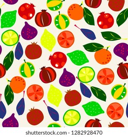  fruits seamless pattern. Abstract design. Lemon,  mandarin, pomegranate, lemon, orange, leaves. bright  tropical  summer background