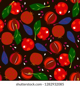  fruits seamless pattern. Abstract design. pomegranate,  leaves. bright  tropical  summer background