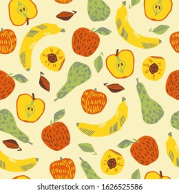 Fruits seamless pattern. Apples, bananas, pear, peach vector texture. Hand drawn illustration of  fresh sliced fruits. Colorful background for print, textile. Bio organic vegan healthy food.