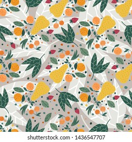 Fruits seamless pattern. Apples, pears, strawberries and leaves hand drawn wallpaper. Design for fabric, textile print, wrapping paper, children textileVector illustration.