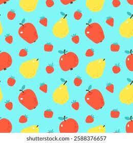 Fruits seamless pattern. Apples, pears, strawberries on bright neon blue background. Drawn healthy food, vegetarian diet dessert. Repeat print for fabric, wallpaper, textile. Picture for farm market.