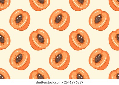 Fruits Seamless pattern. Apricot background. Fresh ripe apricot slices. Repeatable texture with juicy vitamin. Vector illustration for print, wallpaper, textile, packaging, backdrop