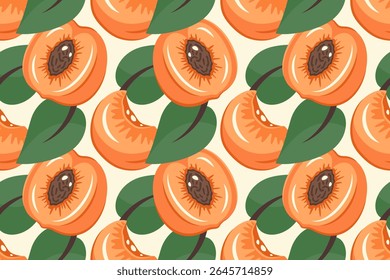 Frutas Padrão sem emenda. Fundo de damasco. Fatias de damasco frescas e maduras. Textura repetível com vitamina suculenta. Ilustração vetorial para impressão, papel de parede, têxtil, embalagem, pano de fundo