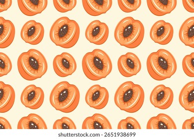 Frutas Padrão sem emenda. Fundo de damasco. Fatias de damasco frescas e maduras. Textura repetível com vitamina suculenta inteira. Ilustração vetorial para impressão, papel de parede, têxtil, impressão, embalagem, fundo