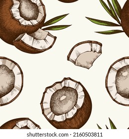 Fruits seamless pattern background design. Engraved style. Hand drawn coconut.