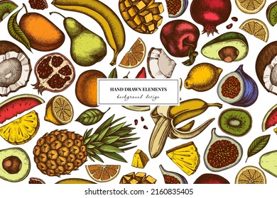Fruits seamless pattern background design. Engraved style. Hand drawn bananas, pears, kiwi etc.