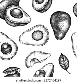 Fruits seamless pattern background design. Engraved style. Hand drawn avocado.