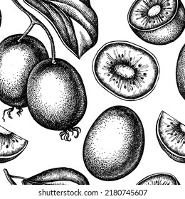 Fruits seamless pattern background design. Engraved style. Hand drawn kiwi fruit.