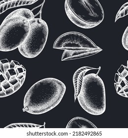 Fruits seamless pattern background design. Engraved style. Hand drawn mango.