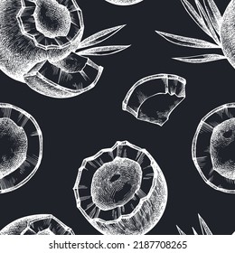 Fruits seamless pattern background design. Engraved style. Hand drawn coconut.