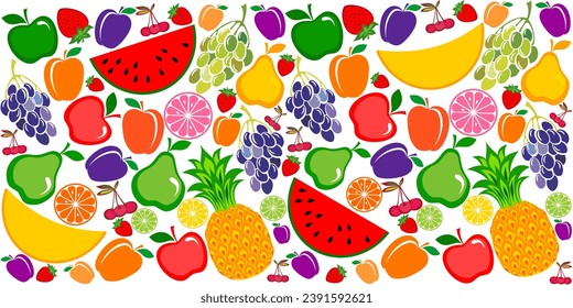 Fruits seamless pattern. Background of fresh falling mixed fruits isolated on white background. Healthy food. Top view, flat layout. Good for textile fabric design, wrapping paper, website wallpapers