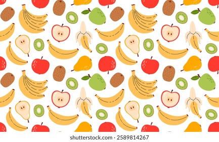 Fruits seamless pattern. Banana, apple, pear, kiwi. Fruits and berries background design. Collection of organic vitamins and healthy nutrition. Flat Vector illustration