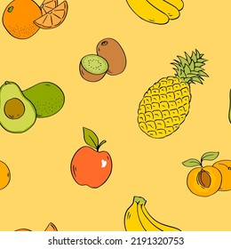 Fruits seamless pattern. Bananas, kiwi, avocado, orange, avocado, apple and apricot. Design texture for fabric textile postcard and packaging. Cartoon vector illustration on a yellow background