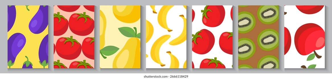 Früchte Nahtloses Muster Banner, Poster, Kartenhintergrund mit Karotte, Apfel, Tomate, Auberginen, Banane, Avocado, Gelbe Zitronen. Obstmuster Flayer Promotion und Shopping-Vorlage für die Sommersaison.
