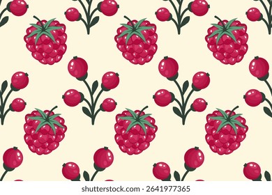 Fruits Seamless pattern. Berries background. Bunch of red currants and raspberry. Whole Ripe fruits on white background. Repeatable texture with fresh juicy vitamin. Vector illustration