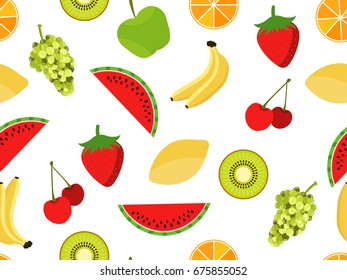 Fruits seamless pattern. Fruits and berries on a white background. Vector illustration