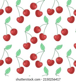 Früchte nahtlose Muster, Kirschen auf weißem Hintergrund im Doodle-Stil.