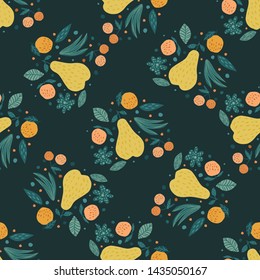 Fruits seamless pattern. Cherry berries, apples, pears and leaves hand drawn wallpaper. Funny sweet garden fruits on black background. Vector illustration.