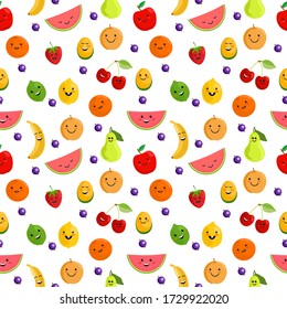 Patrón de frutas sin fisuras. Espléndida ilustración de fondo de vectores sin fisuras de verano con frutas frescas. Personajes de frutas. Frutos divertidos para los niños aislados de fondo blanco. 