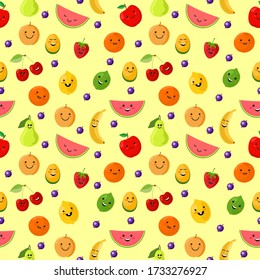 Fruits seamless pattern. Cute summer seamless vector pattern background illustration with fresh fruits. Cute fruit characters. Funny Fruits for kids. Kawaii fruit. 