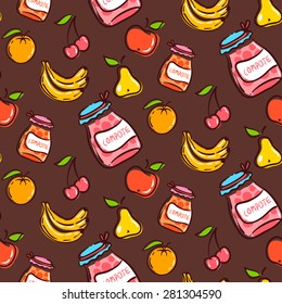 Fruits seamless pattern decorated with apples, orange, bananas, pears and a retro pot of compote. Fully editable vector illustration. Perfect suits for the textile patterns and wall papers.  