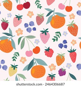 Fruits seamless pattern, decorative wallpaper with different  summer fruits, strawberry, raspberry, blueberry, cherries

