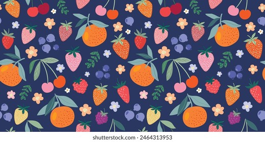 Fruits seamless pattern, decorative wallpaper with different  summer fruits, strawberry, raspberry, blueberry, cherries, small flowers and plants