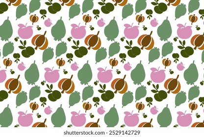 Fruits seamless pattern, decorative wallpaper with different summer fruits, strawberry, raspberry, blueberry, cherries, small flowers and plants

