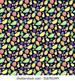 Fruits. Seamless pattern with different fruits on the black background. Hand-drawn original background. Swatch inside. Vector illustration