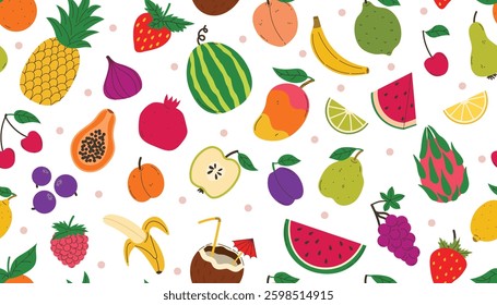Fruits seamless pattern with different summer fruits and berries. Watermelon and pineapple, lemon and strawberry and more.