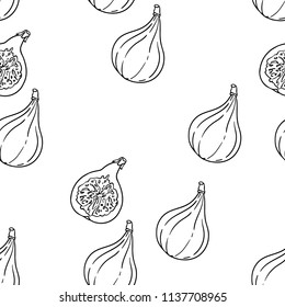 Fruits seamless pattern. Figs isolated on white. Summer fruits linear vector background. Black and white