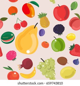 Fruits seamless pattern in flat style. Wrapping paper, wallpaper, home decor, modern textile or other print. Vector illustration