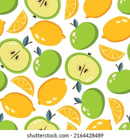 Frutas sin fisuras con manzanas verdes, limones, frutos cortados en fondo blanco, diseño de superficie de verano