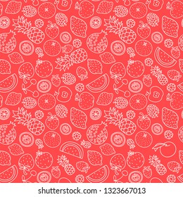 Fruits seamless pattern. Hand drawn fresh berry. Vector sketch background. Color doodle wallpaper. Exotic tropical print. Lemon, strawberry, raspberry, apple, pineapple, orange, cherry,  watermelon